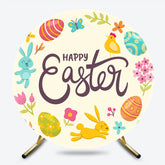 Color Eggs Floral Bunny Round Happy Easter Backdrop